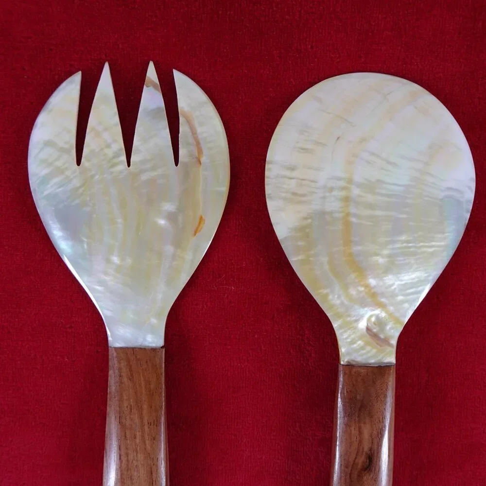 Salad Server Fork Spoon Tongs Natural Iridescent Capiz Mother of Pearl Seashell